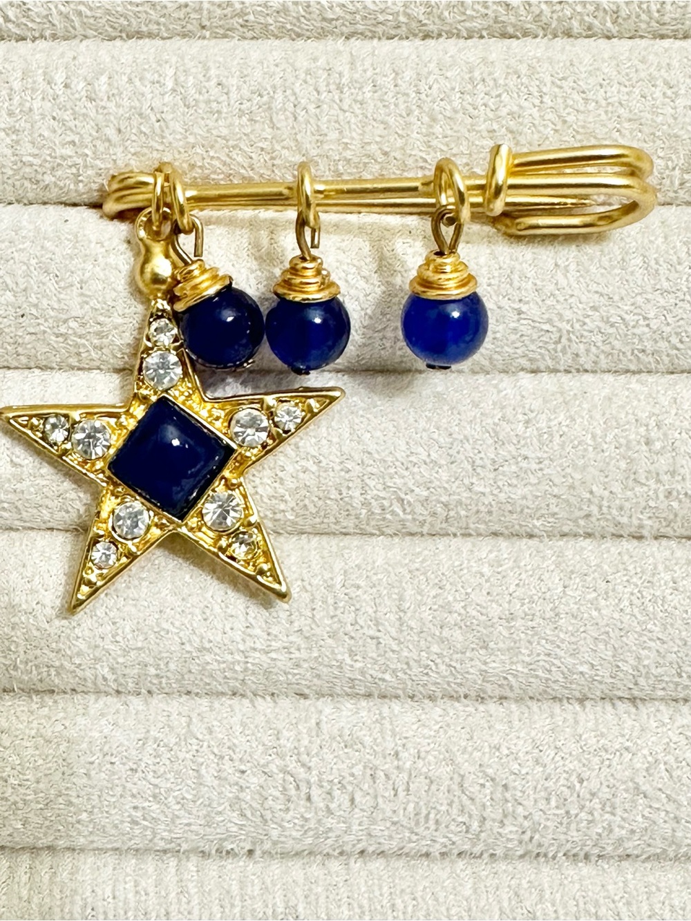 Vintage Gold Star Charm Pin with Blue Beads